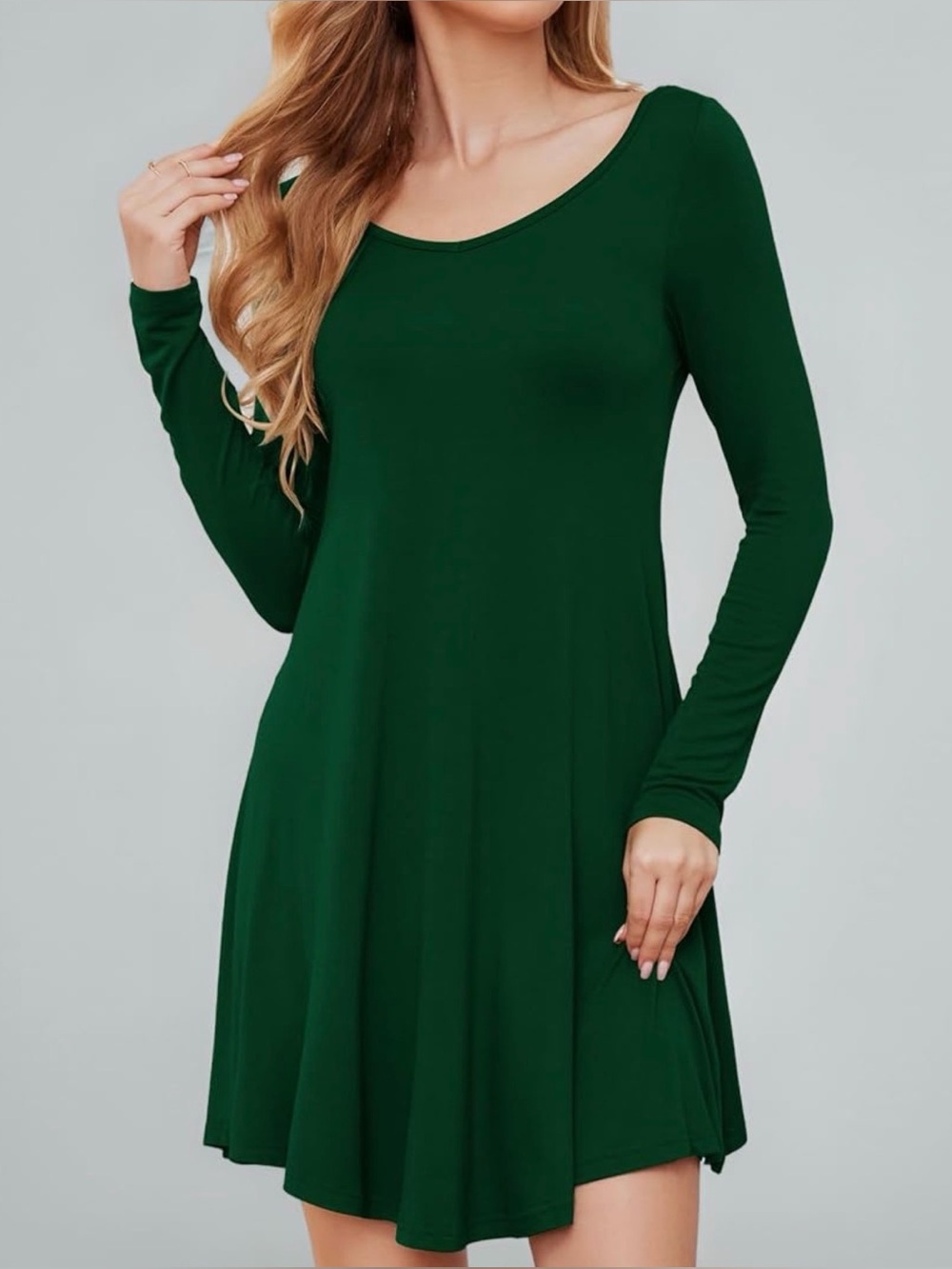 Women's Long Sleeve Scoop Back Swing Dress - Hunter Green